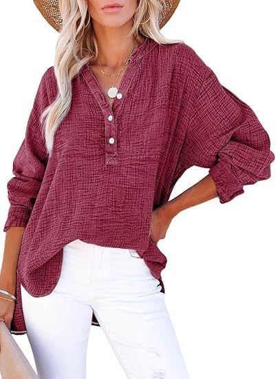 Women's Pleated Button Long Sleeve Top Solid Color Loose Fit Cotton Pullover Shirt Fashion Spring Autumn_ecoleips.com