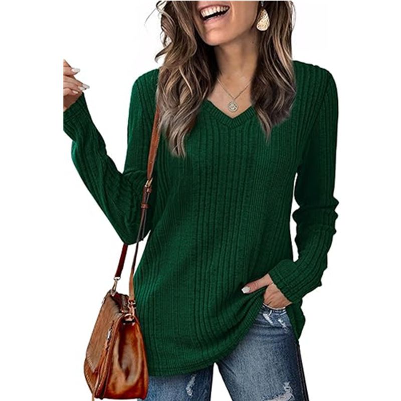 Autumn/Winter Solid Color Knit Sweater With V-Neck And Long Sleeves For Women_ecoleips.com