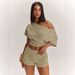 Hot-selling Striped Slanted Shoulder Loose Shoulder Top High Waist Shorts Set, Slim Two Pieces_ecoleips.com