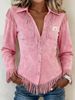 Women's Clothing Western-Inspired Suede Fringe Shirt – Slim-Fit Long-Sleeve Blouse With Burnout Detailing_ecoleips.com