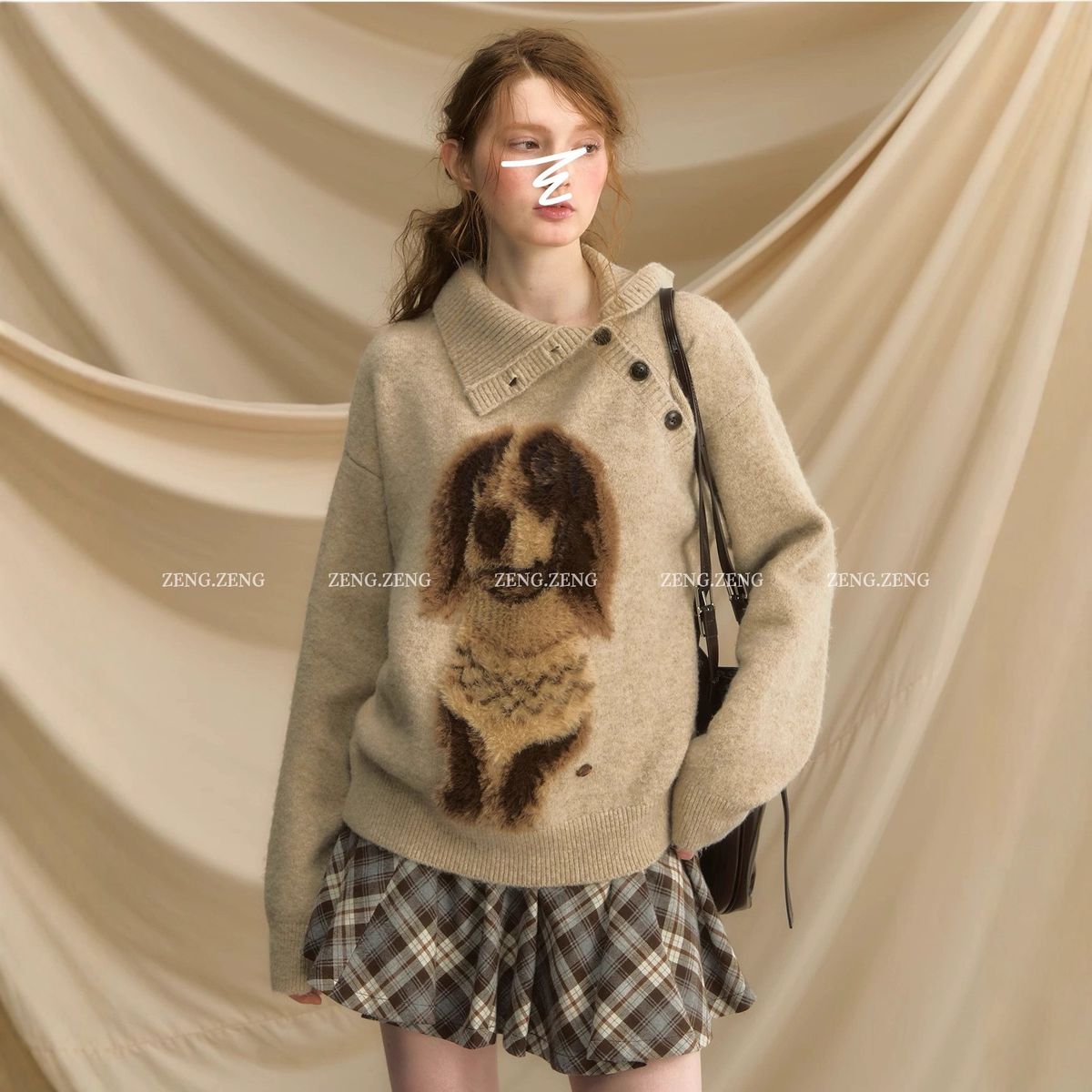 girl 251029-157 "Good Morning Little Sausage" Design Side Button Mink Dog Retro Sweater_ecoleips.com