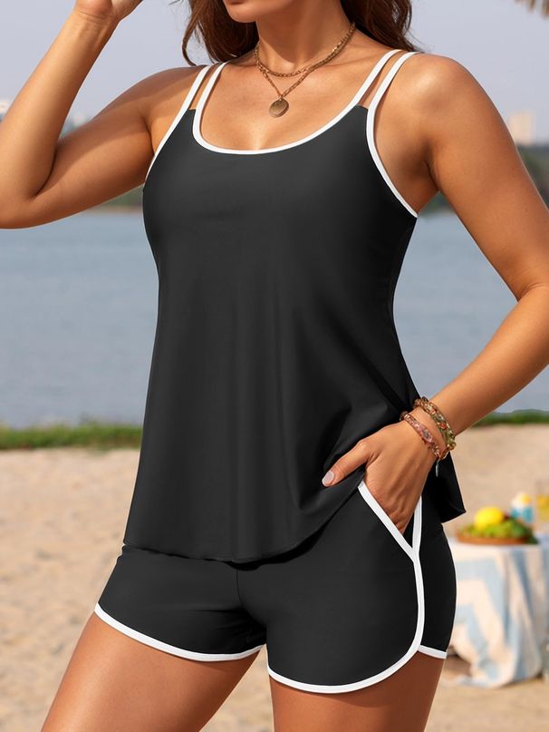 Women's Two-Tone Tankini Swimsuit Set Adjustable Straps Full Coverage Bikini Top High Waist Bottoms Plus Size_ecoleips.com