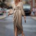2026 Elegant Cross-Collared, Pleated, Split-Sleeved, Bubble-Necked, Irregular Long-Sleeve Dress For Women_ecoleips.com
