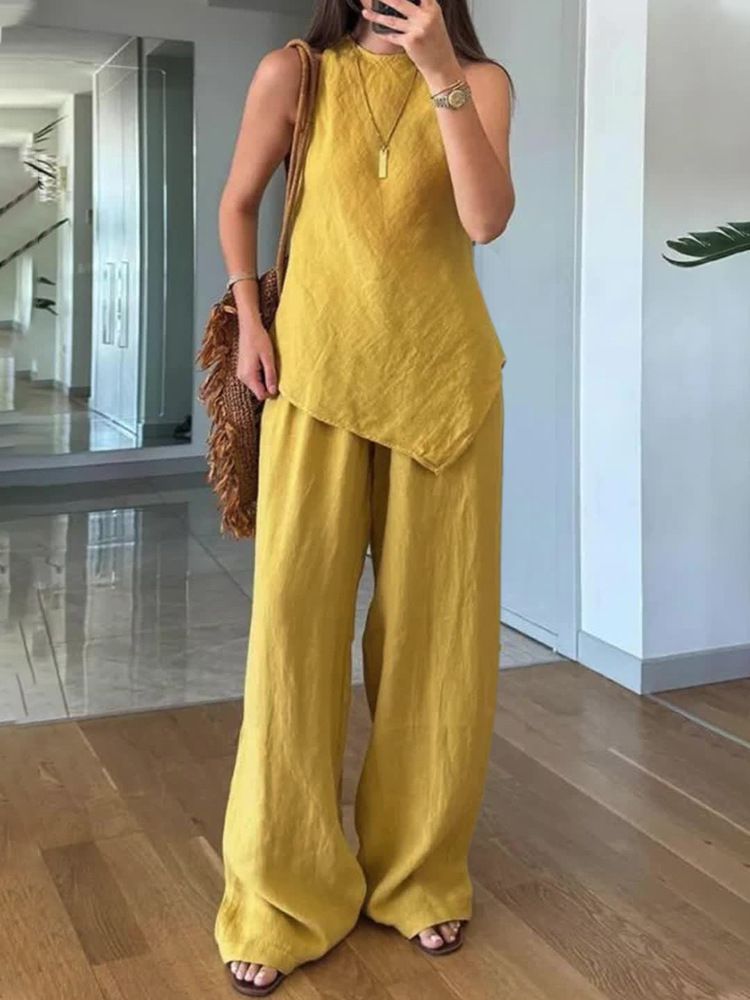 Women's Clothing Casual Round Neck Pullover Sleeveless Plus Pocket Trousers Cotton Multi Color Suit_ecoleips.com