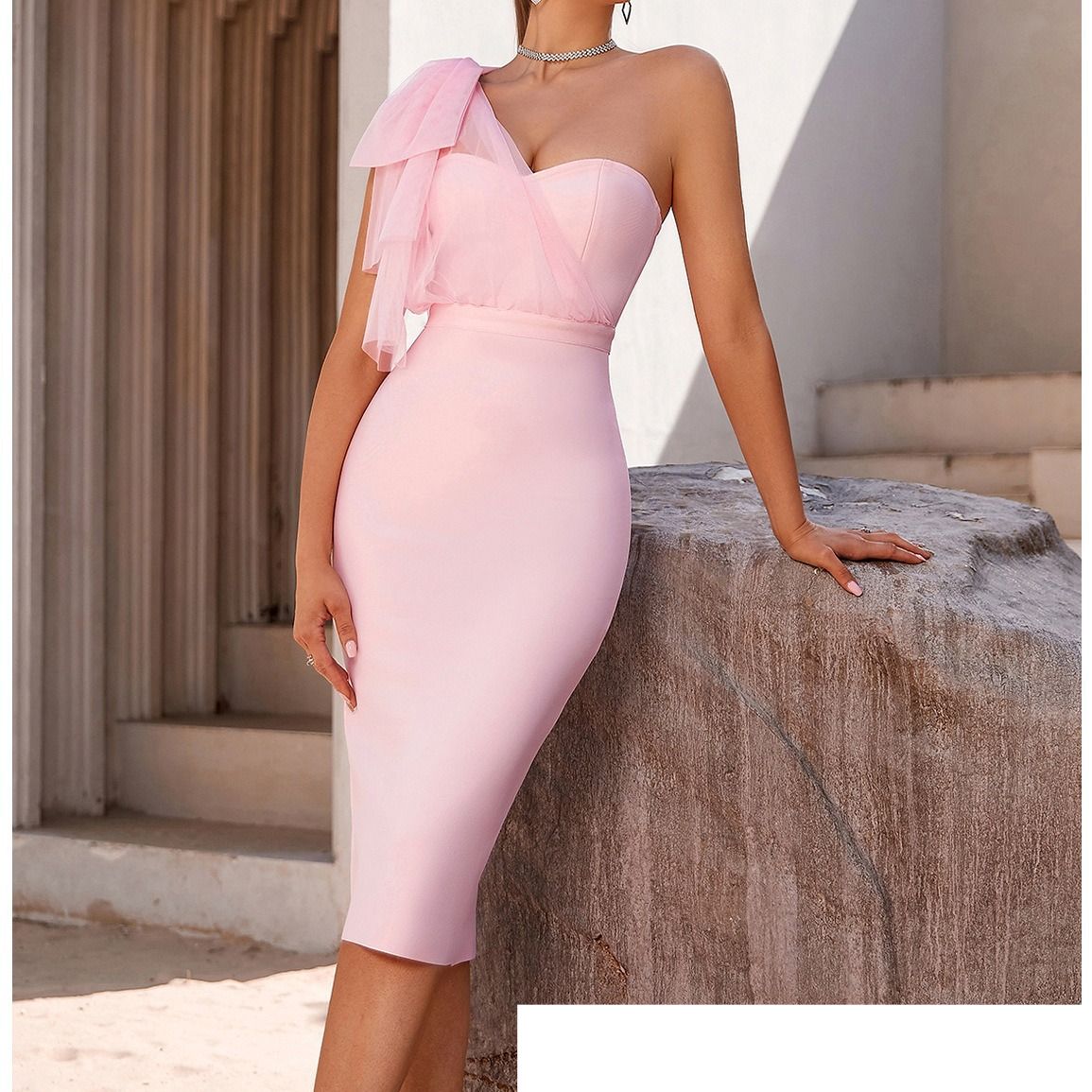 Women's clothing trade station tube top one shoulder mesh bow bandage dress fashionable and elegant party evening dress Dress_ecoleips.com