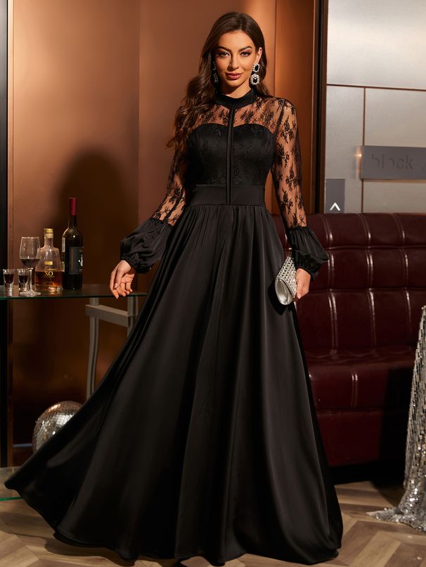 Elegant Long Sleeve Lace Evening Gown High-Neck Slim Fit Formal Dress With Detachable Train For Banquets, Black-Tie Events (Polyester Blend )_ecoleips.com