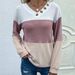 Women's Color-Block V-Neck Knit Sweater, Loose Fit Long Sleeve Pullover, Trendy Contrast Stitching Casual Top (Pink, S/M/L/Xl/Xxl)_ecoleips.com