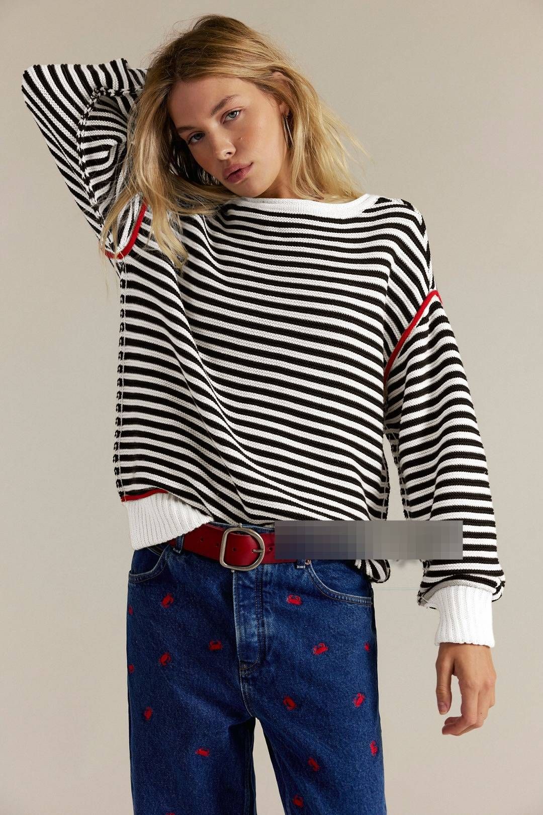 Women's Striped Knit Sweater – Loose Fit Long Sleeve Round Neck Pullover For Autumn & Winter (White/Apricot/Navy/Yellow)_ecoleips.com