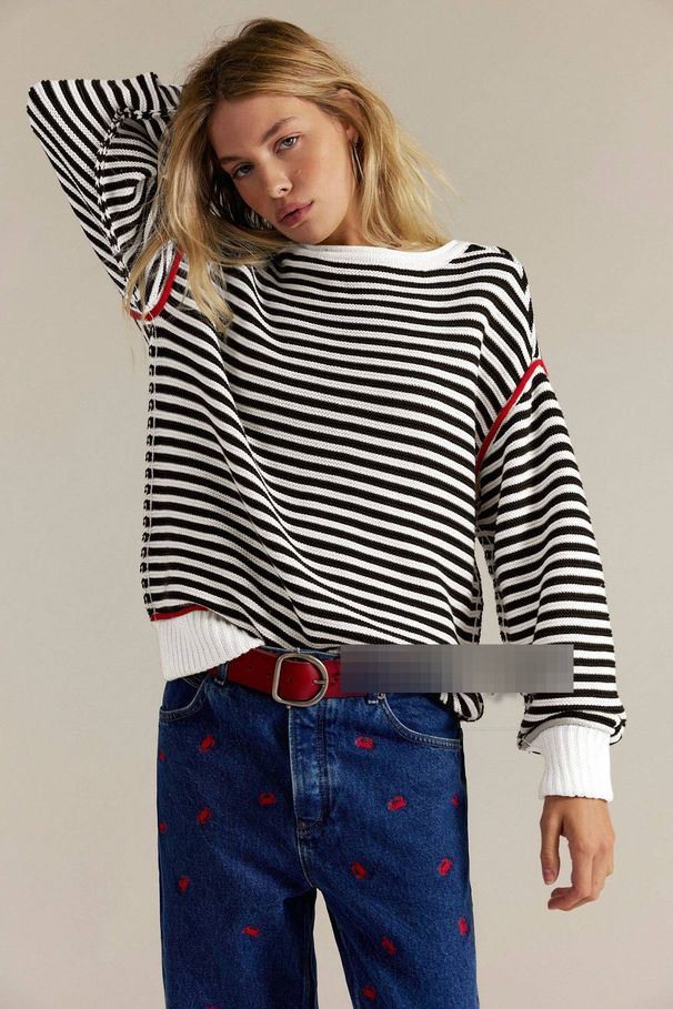 Women's Striped Knit Sweater – Loose Fit Long Sleeve Round Neck Pullover For Autumn & Winter (White/Apricot/Navy/Yellow)_ecoleips.com