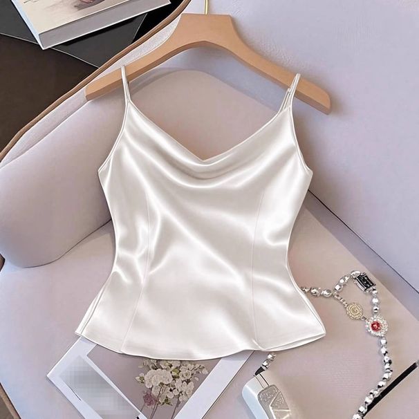 Women's Fashion Satin Camisole - Slim Fit Pure Color Tank Top With Ultra-Thin Straps (Apricot/Black/White)_ecoleips.com