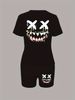 Summer Women's Casual And Fashionable Cartoon Face Print Loose T-shirt+shorts Two-piece Sportswear Suitable For Daily Wear-75_ecoleips.com