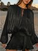 2026 Summer Elegant Sexy Mini Dress, Tie Ruched Neck, Lantern Sleeves, Double-Layer Ruffle Hem, Fully Lined_ecoleips.com