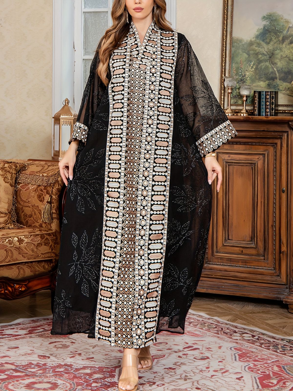 Middle East Spring And Autumn Women's Elegant High-end Beaded Embroidery Black Pullover Robe Dubai Saudi Traditional Clothing Long Sleeve Dress_ecoleips.com