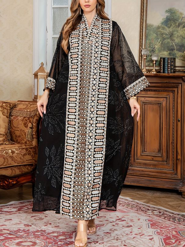 Middle East Spring And Autumn Women's Elegant High-end Beaded Embroidery Black Pullover Robe Dubai Saudi Traditional Clothing Long Sleeve Dress_ecoleips.com