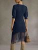 Navy Blue V Neck Chiffon Lantern Sleeve Pit Rib Knit Fringe Mini Dress, Loose Lightweight Breathable Soft Skin-touch Bodycon Midi Dress_ecoleips.com