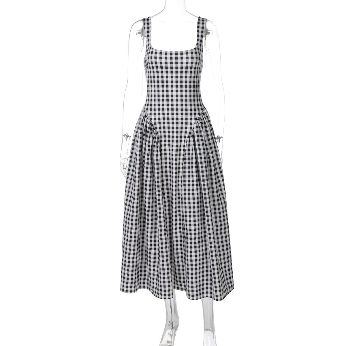 Fashion French Fresh New Plaid Print Waist Princess Dress Sexy Backless Suspender Dress Women's Clothing_ecoleips.com