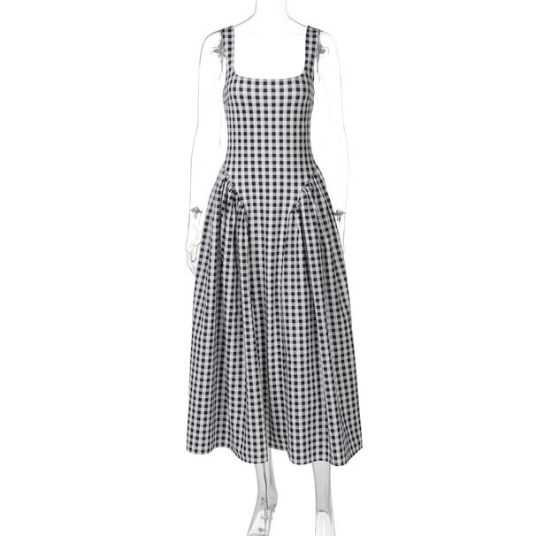 Fashion French Fresh New Plaid Print Waist Princess Dress Sexy Backless Suspender Dress Women's Clothing_ecoleips.com
