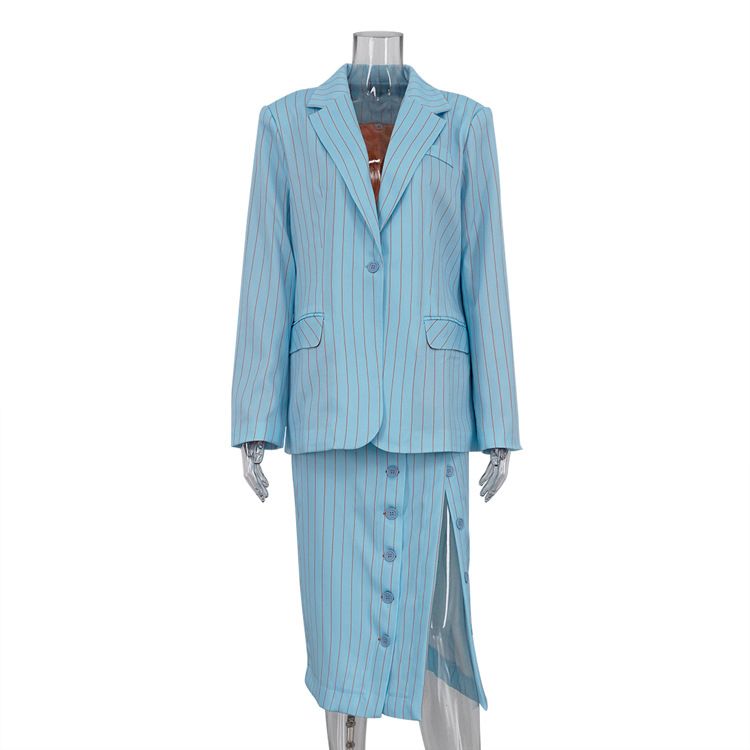 Women's Clothing Lapel Long Sleeved Loose Suit Jacket Slit Hip Skirt Two Piece Suit_ecoleips.com