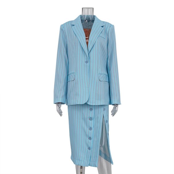 Women's Clothing Lapel Long Sleeved Loose Suit Jacket Slit Hip Skirt Two Piece Suit_ecoleips.com