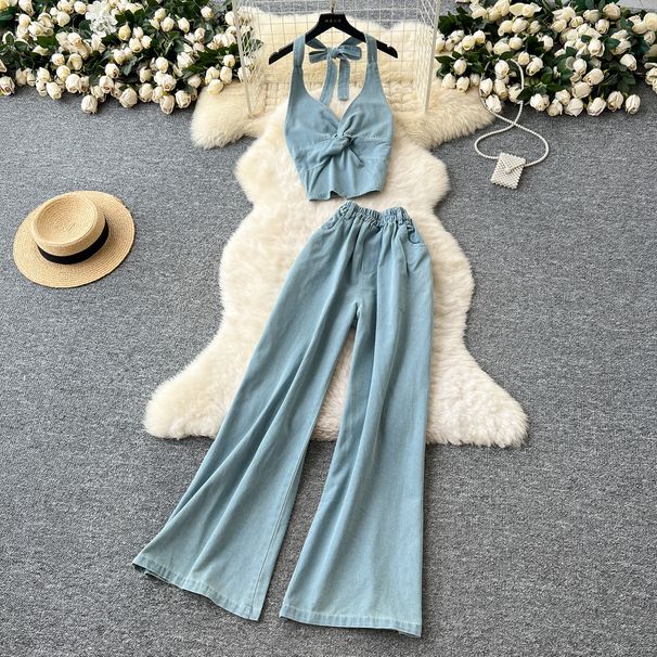 Casual Women's Premium Selection Suit Korean Style Fashionable Summer Outfit Subtle Knot Halter Neck Tank Top High Waist Wide Leg_ecoleips.com