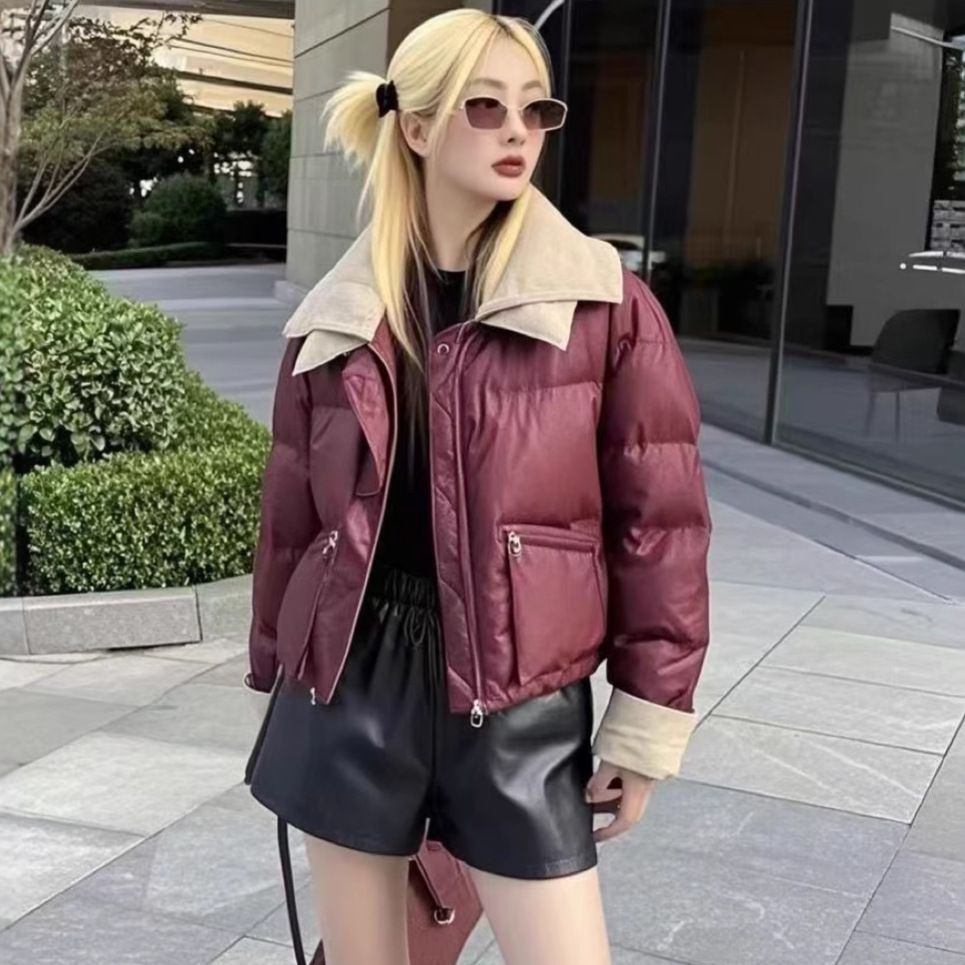 Women's Clothing PU Puffer Jacket With Knit Collar, Short Winter Coat, Warm Quilted Outerwear, Stylish Faux Leather Jacket For Casual & Office_ecoleips.com