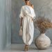 Women's Loose Fitting Wide Leg Casual Top And Lantern Pants Set American Style Spring Collection Cotton Linen Blend_ecoleips.com