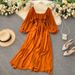 Women's Clothing Chic Gentle Style Square Neck Puff Sleeve Dress French Retro Chiffon Skirt Autumn_ecoleips.com