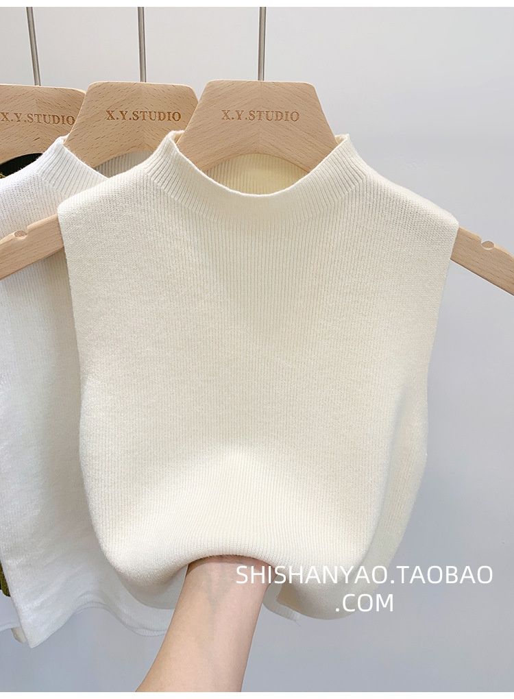 Women's Summer Solid Color Knitted Sweater Base Shirt With Half-high Collar, Wide Shoulder Straps, Short Sleeveless Tank_ecoleips.com