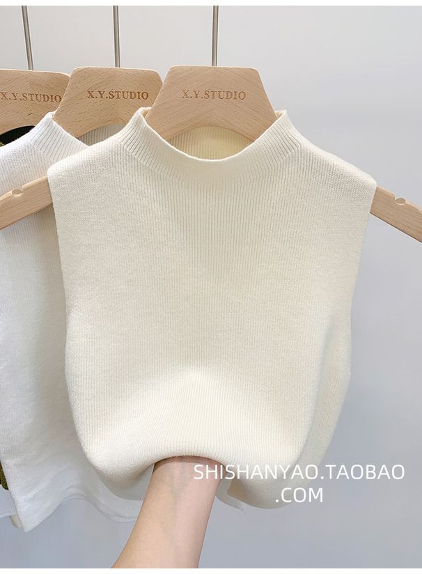 Women's Summer Solid Color Knitted Sweater Base Shirt With Half-high Collar, Wide Shoulder Straps, Short Sleeveless Tank_ecoleips.com