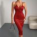 Women's Clothing Sexy V Neck Solid Color Hip Wrapped Medium Length Banquet Evening Dress_ecoleips.com