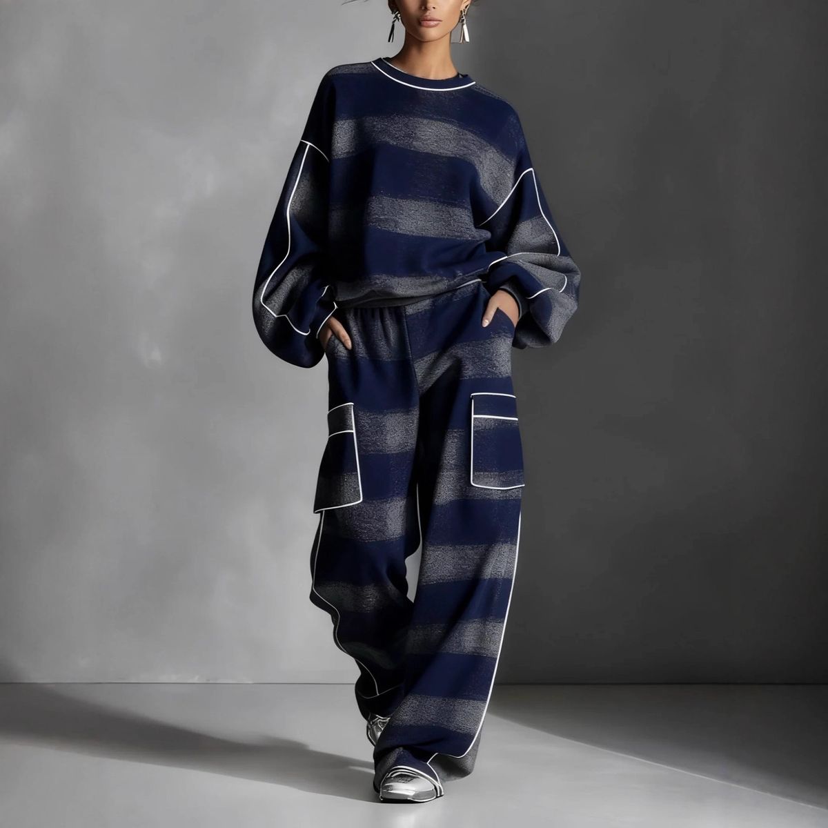 Vintage Grunge Checkered Tracksuit Set – Oversized Streetwear Joggers & Hoodie With Contrast Stitching (Blue-Grey/Red-Grey, S-5xl)_ecoleips.com
