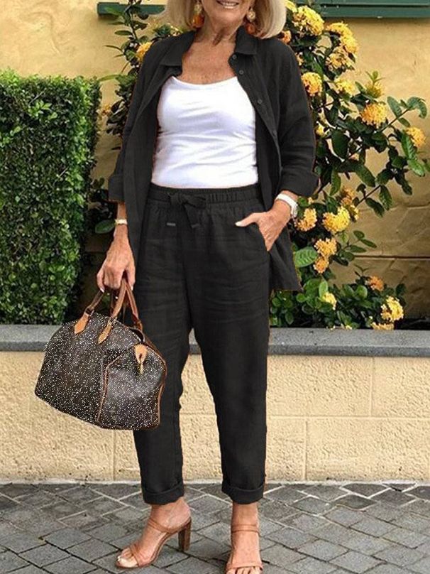 Cotton Linen Set Women Spring Summer Loose Oversize Long Sleeve Shirt Long Pants 2 Piece Sets Casual Office Ladies Trousers Suit_ecoleips.com
