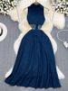 Women's Clothing New Retro Lapel Hollow Waist Revealing Sleeveless Single Breasted A Line Slit Denim Dress_ecoleips.com