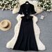 Women's Clothing Heavy-duty Pearl Buckle Waist Lotus Leaf Pendulum V-neck Short-sleeved Knitted Dress_ecoleips.com