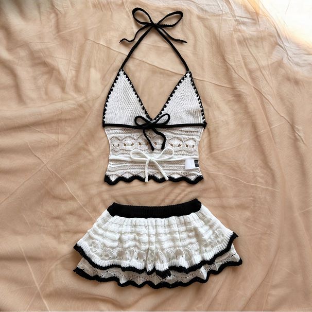 Crochet Lace Beach Cover-Up Set - Elegant Knit Bralette & Midi Skirt With Floral Embroidery_ecoleips.com