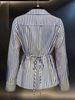 Women's French-Inspired Striped V-Neck Shirt - Slimming Asymmetrical Waist Design, Long Sleeve Blouse, Elegant & Unique Top_ecoleips.com