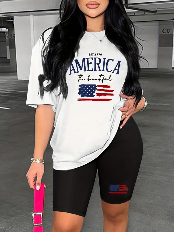 Summer Women's Casual And Fashionable American Flag Print Loose T-shirt+shorts Two-piece Sportswear Suitable For Daily Wear-42_ecoleips.com