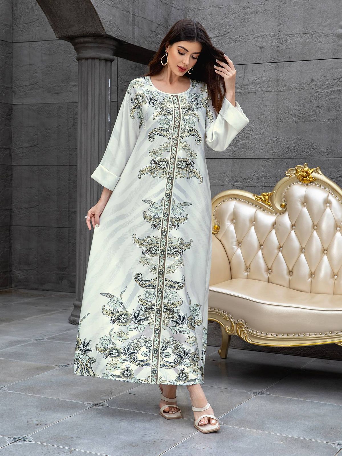 Elegant Muslim Women's Kaftan Dress, High-Density Rhinestone Embellished Print Long Robe, Cross-Border Fashionable Evening Gown_ecoleips.com
