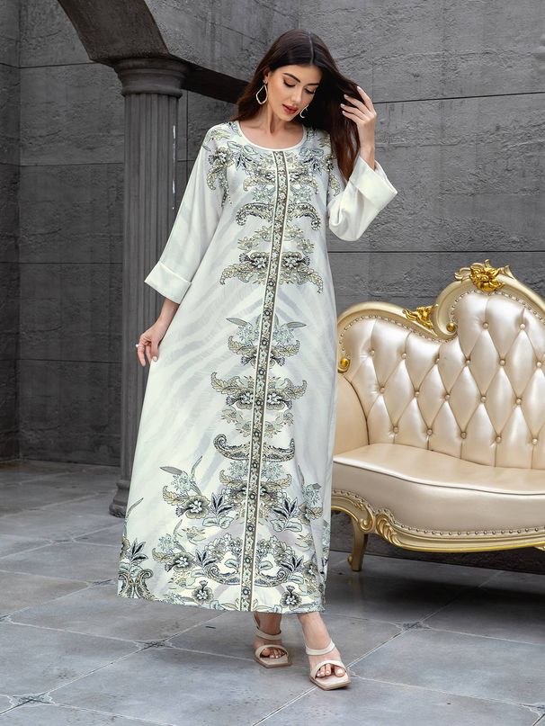 Elegant Muslim Women's Kaftan Dress, High-Density Rhinestone Embellished Print Long Robe, Cross-Border Fashionable Evening Gown_ecoleips.com