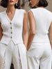 Chic V-Neck Knit Sleeveless Vest, Women's Gold Button-Up Casual Sweater_ecoleips.com
