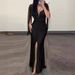 Women's fashion sequined hip sexy dress round neck slit tassel sleeves pleated evening dress_ecoleips.com