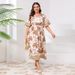 Women’s Clothing Large Size V Neck Dress Trumpet Sleeve Fashion Print Elastic Waist Long Dress_ecoleips.com