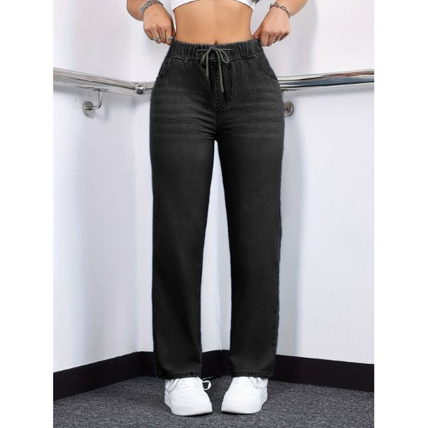 Women's Stretch Washed Denim Straight Leg Jeans With Drawstring Waist - Comfortable Casual Blue Jeans For Everyday Wear_ecoleips.com