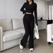 Fashion Solid Color Ribbed Two-Piece Zipper Long Sleeve Short Top And High Waist Flared Pants Set Women's Casual_ecoleips.com