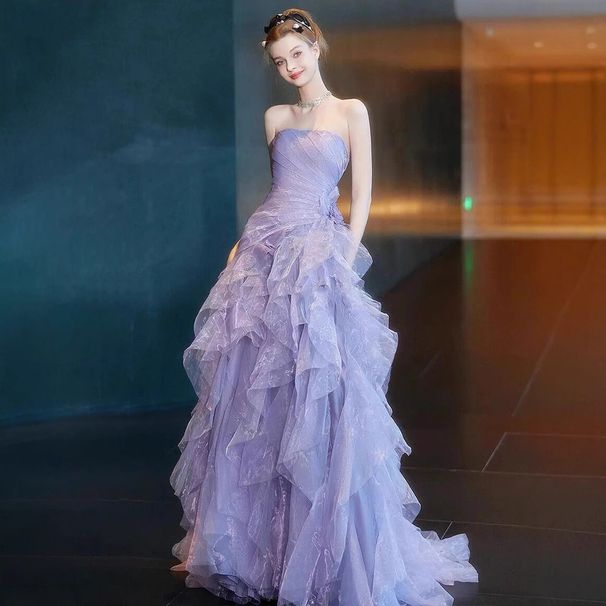 Purple Strapless Evening Gown Ethereal Luxurious Princess Style Dress For Engagements Runway Shows Women's Party Wear_ecoleips.com