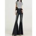Petite High-waisted Fishtail Slim-fit Black-grey Jeans, Sexy Elastic Retro Frayed Hem Slimming Flared Pants_ecoleips.com