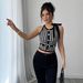 Women's Houndstooth Halter Neck Cami Top Black Stretchy Sleeveless Crop Vest Bodycon Silhouette_ecoleips.com