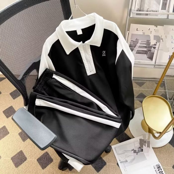 Women's Clothing Retro Contrast Color Ootd Long Sleeved Sweatshirt Sports Straight Pants Two Piece Suit Men And Women Loose Casual Suit_ecoleips.com