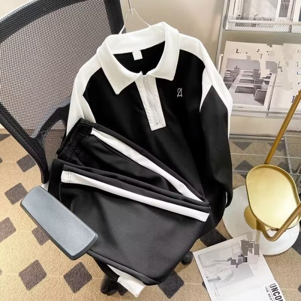 Women's Clothing Retro Contrast Color Ootd Long Sleeved Sweatshirt Sports Straight Pants Two Piece Suit Men And Women Loose Casual Suit_ecoleips.com