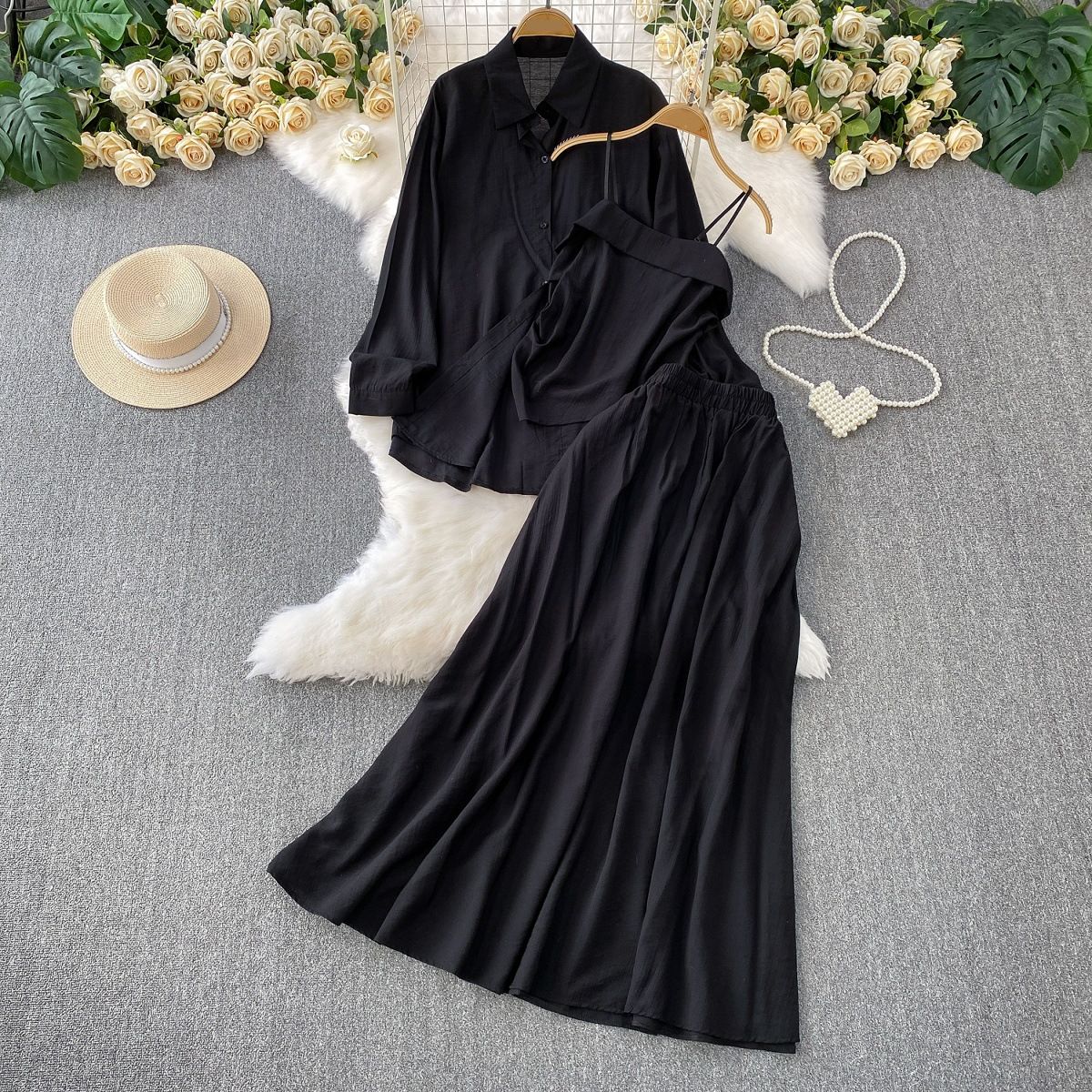 Women's Clothing Temperament Long Sleeved Sun Proof Shirt + Pleated Slimming Bottoming Sling + High Waisted Skirt Three Piece Set_ecoleips.com